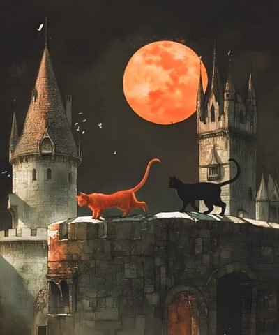two cats are standing on top of a castle with a full moon in the background Vintage Halloween- Bobcats Castle Halloween Painting Aesthetic, Halloween Aesthetic Cat, Black Cat Halloween Aesthetic, dark slate gray