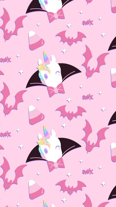 a pink and black bat pattern with white stars on the top, and an unicorn's head in the middle Halloween Unicorn Halloween Unicorn, Unicorn, Unicorn Halloween, Halloween, misty rose