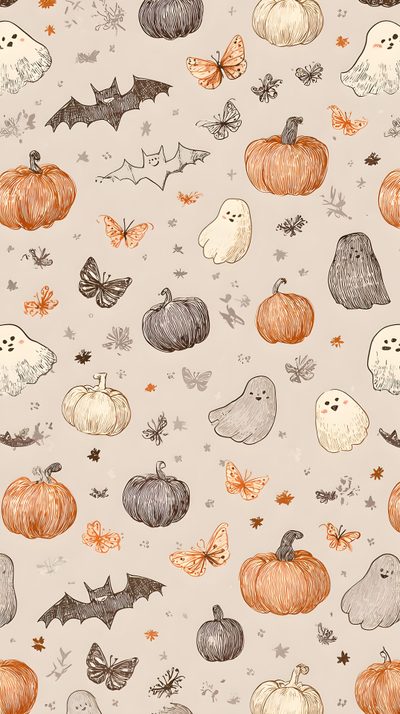 an orange and white halloween pattern with pumpkins, bats, and other decorations on a gray background Halloween Wallpaperiphone Ipad Aesthetic Halloween, Ipad Halloween Aesthetic, Aesthetic Halloween Ipad, gainsboro