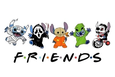 the words friends are written in black and white, with cartoon characters on each side Stitch Halloween Laptop Stitch Halloween Drawing, Disney Sublimation Designs For Shirts, Stitch Horror Characters, white