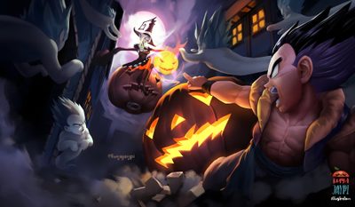 an animated halloween scene with pumpkins and witches Dragon Ball Halloween Vegeta Halloween, Goku Black Halloween, Dragon Ball Halloween Pfp, dark slate gray