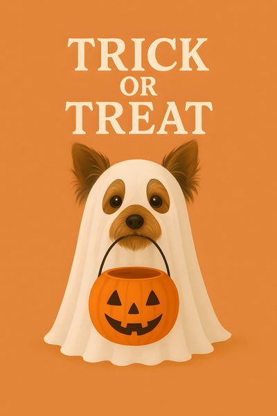 a dog wearing a ghost costume with a trick or treat in it's mouth Yorkie Halloween Cute Animal Drawings, Trick Or Treat, Animal Drawings, Cute Animals, Halloween, peru