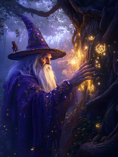 an old wizard holding out his hand in front of a tree with glowing lights on it Merlin Wizard Halloween Rainbow Purple Enchanted Wizard, Mystical Wizard Art, Mystical Wizards Magic, dark slate gray