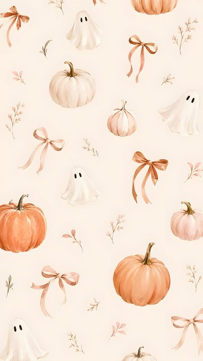 watercolor halloween wallpaper with pumpkins and ghost Clean Girl Halloween Backgrounds For Fall, Cute Fall Backgrounds Aesthetic, Cute Fall Backrounds, linen