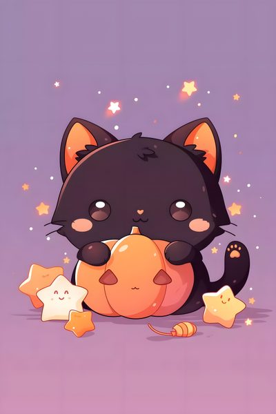 a black cat sitting on top of a pumpkin next to star shaped stars in the background Halloween Kawaii Cute Black Cat This Is Halloween, Cute Kawaii Halloween, Halloween Kawaii,