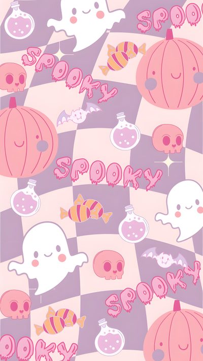 a pink and purple checkered background with ghost, pumpkins, and other items Pink And Purple Halloween Halloween Iphone Backgrounds, Halloween Backgrounds, Halloween Cute,