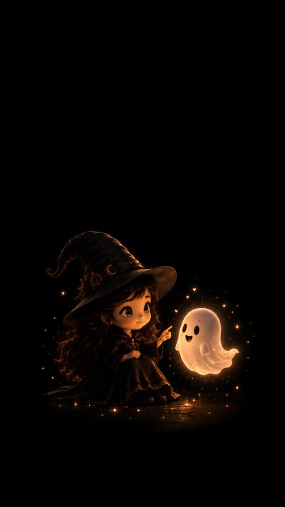 Cute witch girl sitting beside a glowing happy ghost with magical sparkles on a dark fantasy background. Halloween Cute Girl Wiccan, Halloween Cute, Witch Girl, Creepy Dolls, Halloween, Anime Scenery, black