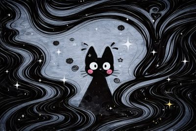 a black cat with stars and swirls in the background Desktop Black Cat Halloween Notion Widgets Aesthetic, Laptop For Kids, Black And White Ipad Landscape,