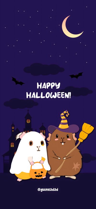 two hamsters dressed up in halloween costumes, one holding a broom and the other wearing a witch's hat Halloween Guinea Pig Halloween Guinea Pig, Fall Guinea Pig Art, Festive Guinea Pig Illustration, midnight blue