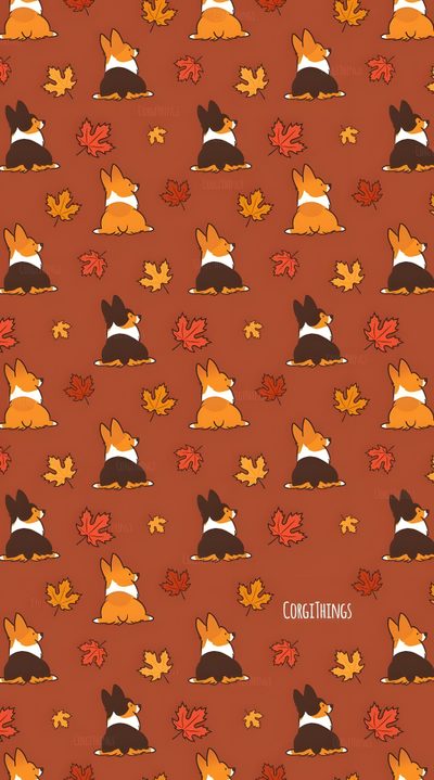 an orange and black dog with leaves on it Halloween Corgi Pattern Corgi Peel And Stick, Corgi Dog Seamless Pattern, Corgi Pattern, sienna