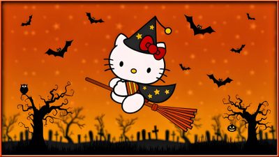 hello kitty flying on a broom with bats and pumpkins in the background at night Cute Hello Kitty Halloween Gif Hello Kitty Halloween Ipad, Fall Hello Kitty Laptop, Halloween Hello Kitty Laptop, chocolate