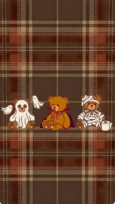 two teddy bears sitting in the pocket of a plaid blanket with ghostes on it Halloween Bear Iphone Seasons Art, Holiday, Funny Profile Pictures, Cute Backgrounds, Drawings, saddle brown