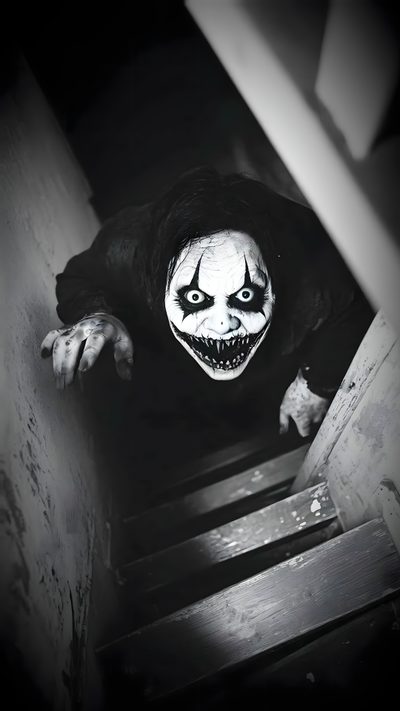 a creepy clown is coming down the stairs Lock Screen Iphone Scary Halloween Backgrounds Scary, Scary Picture, Scariest, Horror Walpappers, black