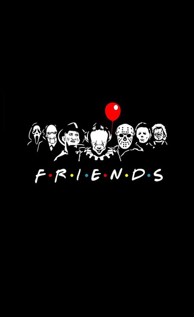 friends wallpaper with balloons and skulls on it in the dark, one red balloon is floating Halloween Horror Characters Horror Friends, Halloween Backgrounds Aesthetic Dark, Scary Characters, black