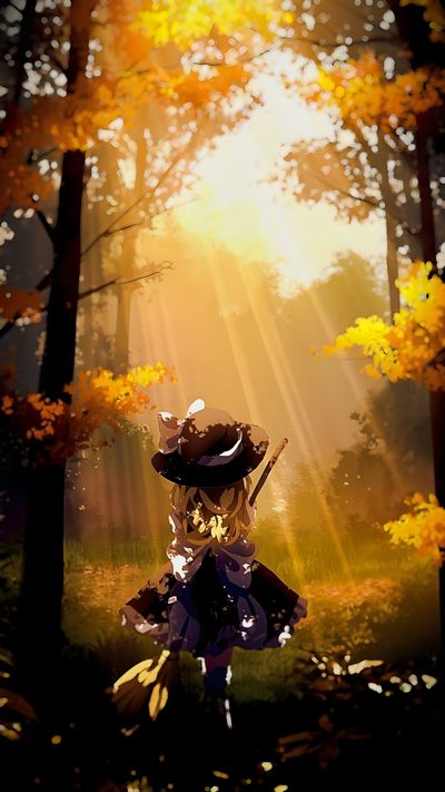 a woman in a hat and dress walking through the woods Touhou Halloween Anime Scenery Banner, Anime Nature Discord Banner, Anime Nature Banner, saddle brown