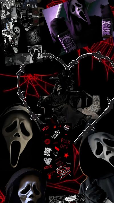 a collage of photos with masks on them and red lights in the background, Cool Halloween Iphone Ghostface Ghost Face Ghostface Aesthetic, Really Cool Backgrounds, Bulls, black