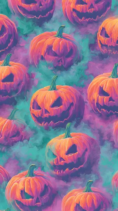 a painting of many pumpkins with faces on them Lilly Pulitzer Halloween Cool Halloween Backgrounds, Halloween Pumpkin Phone Background, Rainbow Pumpkin, slate gray