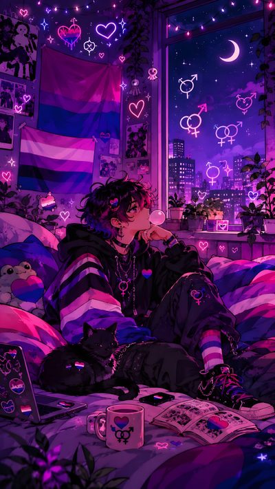 a person sitting on a bed in front of a window with purple lights and teddy bears Halloween Pride Bu, Genderfluid And Bisexual, Bi Lockscreen, Lgbtq Aesthetic Art, Bi Boy, midnight blue