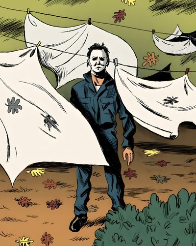 a drawing of a man holding two white cloths John Carpenter Halloween Halloween 1978 Iphone, Poster Michael Myers, Halloween 1978 Background, gray