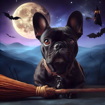 a black dog is holding a broom in front of a full moon Halloween French Bulldog Halloween French Bulldog, Frenchie Halloween, French Bulldog Halloween Background, dark slate gray