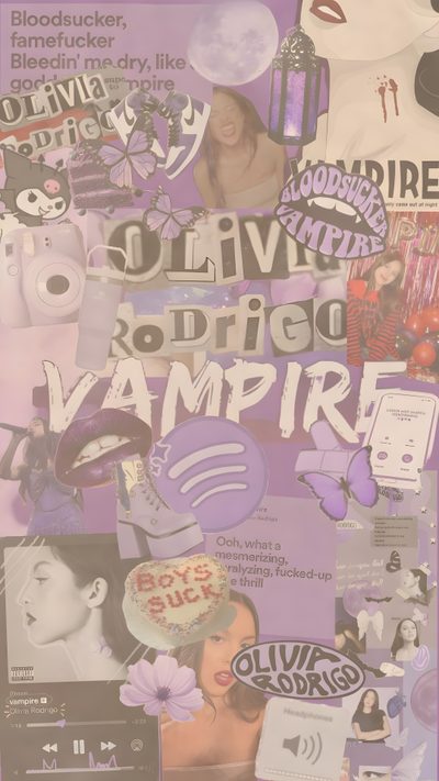 a collage of various images and words on purple paper with white lettering that says, survive ridicc vampire Halloween Olivia Rodrigo Pretty, Halloween, Drawings, rosy brown