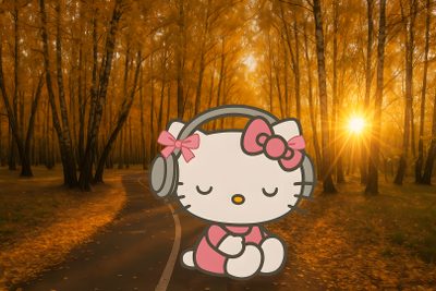 hello kitty with headphones sitting in the middle of a road surrounded by trees and leaves Hello Kitty Halloween Ipad Fall Hello Kitty, Hello Kitty, Autumn Hello Kitty, saddle brown
