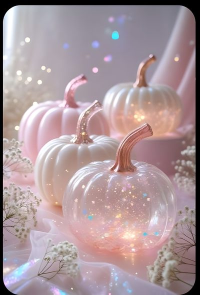 three white pumpkins sitting on top of a table next to flowers and glittery fabric Cute Glitter Halloween Pink Fall, Pumpkin, Hello Kitty Hd, Jelly, Glitter Pumpkins, Iphone Pictures, dark gray