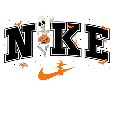 the nike logo with a skeleton and pumpkin on it's back, in black and orange Halloween Nike Diy Graphic Tee, Nike Sublimation, Nike Sublimation Design, Sublimation Images Nike, white