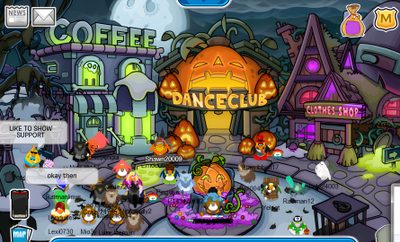 a computer screen shot of the game danceclub, which features many different characters Club Penguin Halloween Club Penguin Halloween, Club Penguin Halloween Igloo, Halloween Club Penguin, dim gray