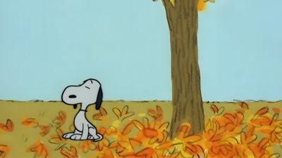a painting of a dog sitting under a tree in the fall with leaves on it Snoopy Halloween Gif Live Dog, Live Snoopy, Moving Macbook, Cute Fall Computer, Fall Gifs, light steel blue