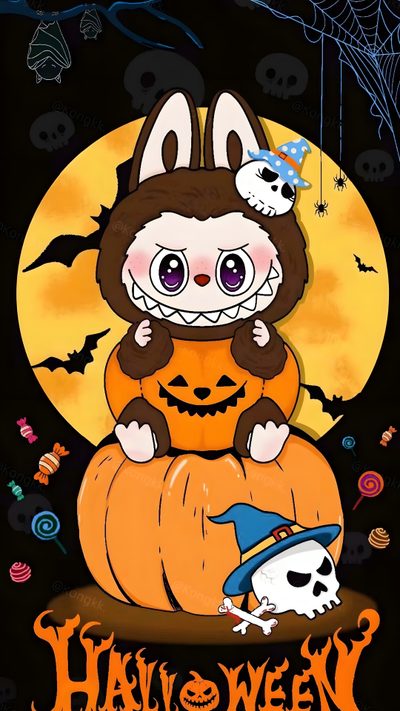 a cartoon character sitting on top of a pumpkin Halloween Labubu Labubu Drawing, Labubu Halloween Costume Diy, Halloween Labubu Background, saddle brown