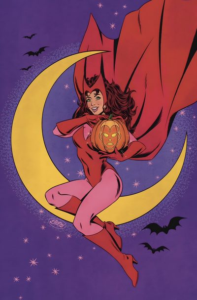 a woman flying through the air on top of a crescent moon with a pumpkin in her hand Halloween Wanda Marvel Halloween Art, Halloween Scarlet Witch, Scarlet Witch Comic Poster, dark slate blue