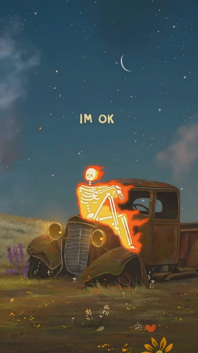 an old car with a skeleton on it in the middle of a field at night Cute Aesthetic Halloween Skeleton Skeleton Illustration, Vibes Art, I'm Ok, Vintage Truck, dark slate gray