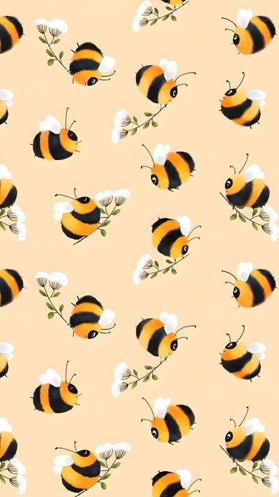 a bunch of bees that are on a yellow background with white and black flowers in the middle Halloween Bees Accent Ideas Bee Phone Background, Bee Backgrounds, Cute Bee And Flower, moccasin