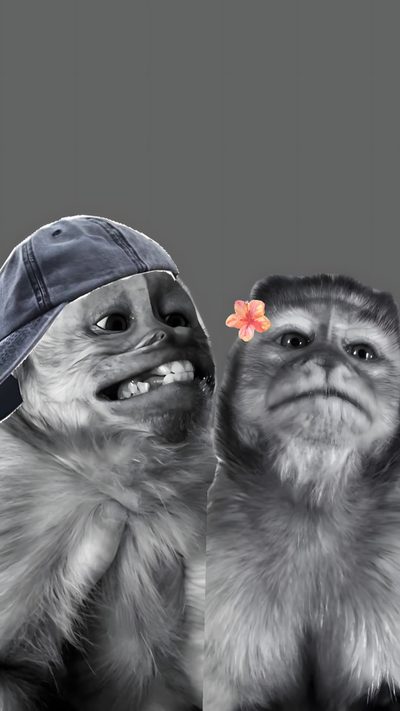 two monkeys wearing hats and one has a flower in its mouth while the other looks up Halloween Monkey Future Iphone, Monkey Pictures, Instagram My Story, Cute Monkey, Dark, Funny Art, dim gray