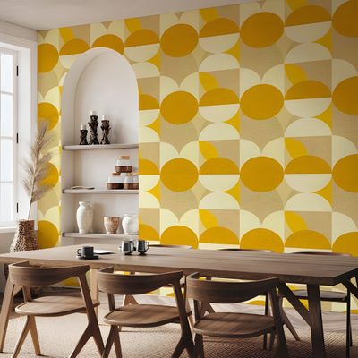 a dining room with yellow and white wallpaper Halloween Circle Geometric In Ochre Mustard Color, Mustard Yellow, Mid Mod Hills Ochre, dark khaki