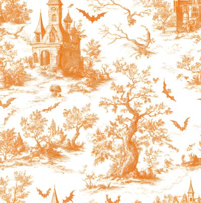 an orange and white wallpaper with trees, houses, bats and birds on it Halloween Toile Halloween Toile, Glam Planner, Toile, Halloween, antique white