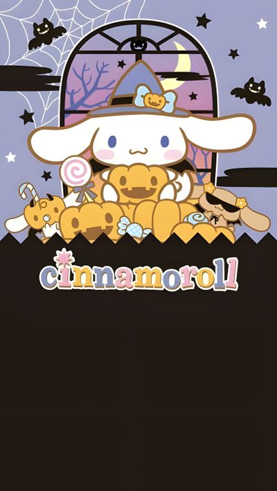a cartoon character holding two stuffed animals in front of a window with bats and spider webs Happy Halloween Cinnamoroll Halloween Cinnamoroll Fall, Sanrio Halloween, Cinnamoroll Sanrio Halloween, black