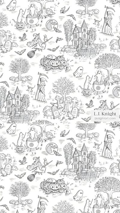 a black and white halloween themed wallpaper with lots of pumpkins, ghostes, witches Halloween Toile Halloween Toile, Annual Halloween Party, Toile Pattern, Dark Paintings, Card Sentiments, snow