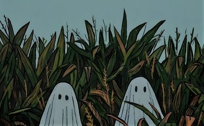 two ghost like figures standing in the middle of tall grass Halloween Google Halloween Desktop, Computer Desktop, Desktop Art, Cute Desktop, dark slate gray