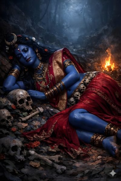 a woman with blue skin and red dress laying on the ground next to a skull Halloween Kali 2 Kali Hd, Maa Tara Devi, Dark Krishna, Durga Ji, Indian Goddess Kali, Kali Ma, black