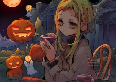a girl with blonde hair holding a glass of wine in front of halloween pumpkins Tbhk Halloween Tbhk Halloween Pfp, Tbhk Halloween, Halloween Tbhk Pfp, dark slate gray