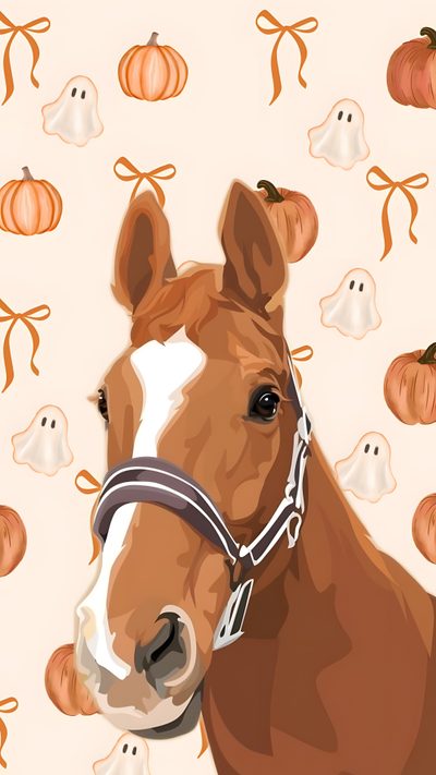 a brown horse wearing a bridle with pumpkins on it's back Cute Halloween Horse Horse For Ipad, Horse Fall Backgrounds, Cute Horse For Ipad, blanched almond