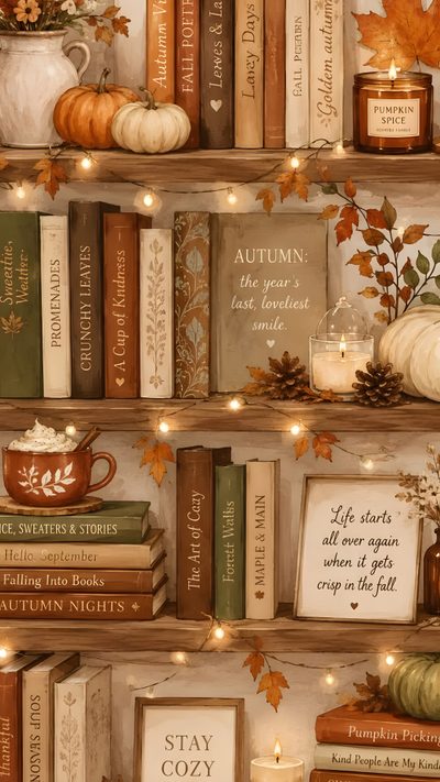 a shelf filled with lots of books covered in fall leaves and pumpkins next to candles Halloween Bookshelf Iphone Iphone Book Aesthetic, Cute Fall Vibes, Autumn Designs, sienna