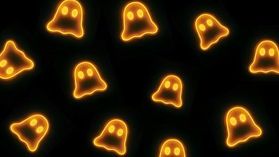 glowing halloween ghost faces are shown in this dark background with orange lights and black squares Windows 11 Halloween Diy Halloween Party Ideas, Glowing Ghost Design, Halloween Neon Decor, black