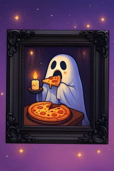 a painting of a ghost holding a slice of pizza with a lit candle in front of it Halloween Pizza Cartoon Pizza Ghost Drawing On Green Background, Cute Ghost Eating Pizza, Ghost With Food, dark slate gray