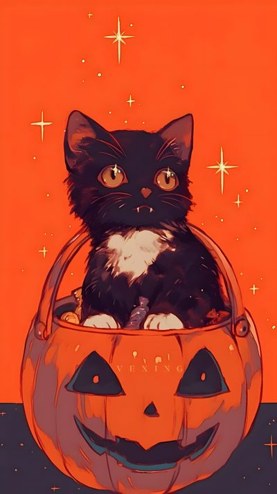 a black and white cat sitting in a pumpkin bucket Anime Cat Halloween Halloween Cat Aesthetic, Pumpkin Cat, Cat Halloween, Halloween Cat Lockscreen, chocolate