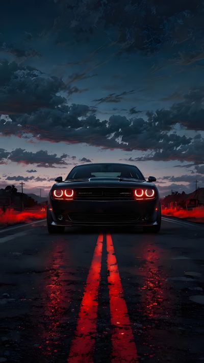 a car driving down the road at night with red lights on it's headlights Halloween Car 4k Dodge Challenger, Challenger Iphone, Dodge Challenger Hellcat, Hellcat Redeye 4k, black