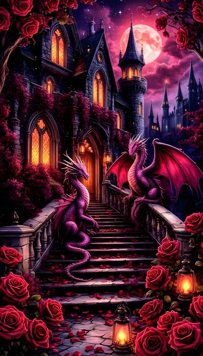 a purple dragon sitting on top of a set of stairs in front of a castle Halloween Dragon Gothic Castle Background 4k, Castle And Dragon Hd, Dragon With Castle Background, black