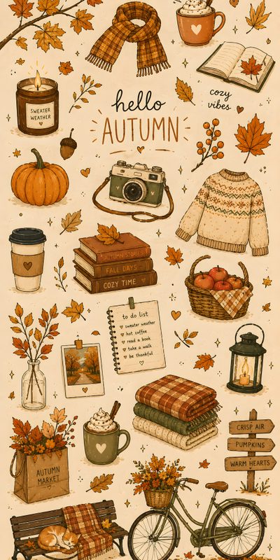 an autumn poster with various items on it Halloween Fall Vibes Stationary Design Inspiration, Fall Drawings, Autumn Magic, Soft Autumn, wheat